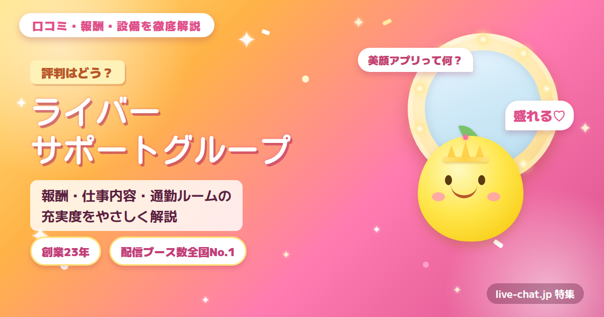 ライバーサポートグループのアイキャッチ画像。ドレッサー風の丸鏡と美顔アプリを紹介する吹き出し、レモンのマスコットを配置したデザイン