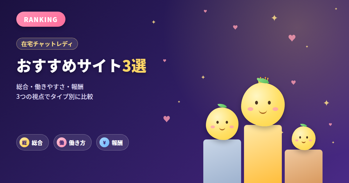 在宅チャットレディおすすめサイト3選｜総合・働きやすさ・報酬タイプ別比較イメージ